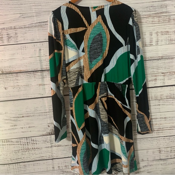 Nine West Green/black/gold Geometric Print Long Sleeve Faux Wrap Dress Size LG - Picture 5 of 5